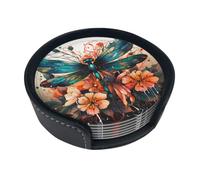 Coasters Set Of 6, Coasters For Drinks With Holder, Leather Drink Coaster Coffee Table Bar Beer Wine Cup House Warming Gifts - Dragonfly Lotus Cool Art Flower
