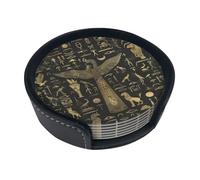 Coasters Set Of 6, Coasters For Drinks With Holder, Leather Drink Coaster Coffee Table Bar Beer Wine Cup House Warming Gifts - Ancient Egyptian Hieroglyphs Gold Black