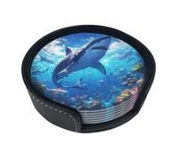 Coasters Set Of 6, Coasters For Drinks With Holder, Leather Drink Coaster Coffee Table Bar Beer Wine Cup House Warming Gifts - Underwater World Sharks Fish And Coral Reefs Colorful