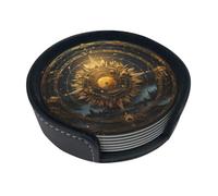Coasters Set Of 6, Coasters For Drinks With Holder, Leather Drink Coaster Coffee Table Bar Beer Wine Cup House Warming Gifts - Sacred Geometry Sun And Moon Golden
