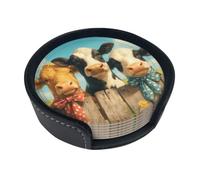 Coasters Set Of 6, Coasters For Drinks With Holder, Leather Drink Coaster Coffee Table Bar Beer Wine Cup House Warming Gifts - Happy And Cute Cows Ranch Rustic Vintage