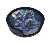 Coasters Set Of 6, Coasters For Drinks With Holder, Leather Drink Coaster Coffee Table Bar Beer Wine Cup House Warming Gifts - Wolves Night Sky Moon Wolf Fantasy Art Style