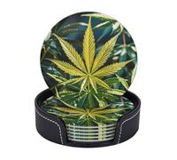 Coasters Set of 6 Drink Coasters with Holder Tabletop Protection Cup Mat Golden Cannabis Coasters Home Decor Leather Coffee Cup Mat for Kitchen Dining Room Coffee Table