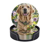 Coasters Set of 6 Drink Coasters with Holder Tabletop Protection Cup Mat Golden Retriever Coasters Home Decor Leather Coffee Cup Mat for Kitchen Dining Room Coffee Table