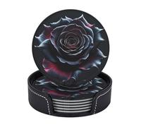 Coasters Set of 6 Drink Coasters with Holder Tabletop Protection Cup Mat Gothic Rose Coasters Home Decor Leather Coffee Cup Mat for Kitchen Dining Room Coffee Table