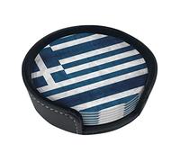 Coasters Set Of 6 Greek Flag Print Leather Coasters For Drinks,Home Décor And Housewarming Gift