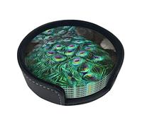 Coasters Set Of 6 Green Peacock Feather Print Leather Coasters For Drinks,Home Décor And Housewarming Gift