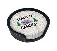 Coasters Set Of 6 Happy Camper Print Leather Coasters For Drinks,Home Décor And Housewarming Gift