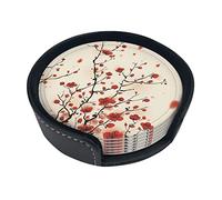 Coasters Set Of 6 Japanese Spring Plum Floral Print Leather Coasters For Drinks,Home Décor And Housewarming Gift