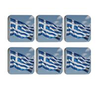 Coasters Set of 6 Leather Drink Coaster greek flag Coaster for Drinks Non-Slip Mugs Pads Waterproof Funny Coasters Coffee Cup Mat for Table Kitchen