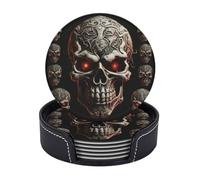 Coasters Set of 6 Leather Drink Coasters with Holder Evil skull Coasters for Drinks Heat Resistant Coaster Round Coffee Cup Mat Pad for Kitchen Office Home Decor