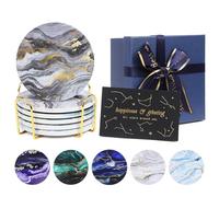Coasters Set of 6 - Marble Ceramic with golden Metal Holder, Absorbent Drink Coasters with Cork Base for Tables, Home Decor and Office Use, Elegant Gift for Women and Men (Multicolor)