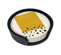 Coasters Set Of 6 Mustard Yellow And Black Print Leather Coasters For Drinks,Home Décor And Housewarming Gift