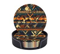 Coasters Set of 6 Non-Slip Drink Coaster with Holder African Tribal Ethnic Texture Coasters for Drinks Cups Mugs Mat Pads Absorbent Round Leather Coaster for Coffee Table Kitchen Bar Home Decor