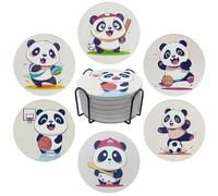 Coasters Set of 6,Panda Pattern Design Ceramic Coasters with Holder,bar Coffee Table Decor Accessories.The Cork-Bottomed,Absorbent Coasters are Suitable for Various Types of Cups. (Panda, 6 Pack)