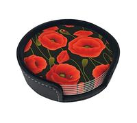 Coasters Set Of 6 Poppy Flowers Print Leather Coasters For Drinks,Home Décor And Housewarming Gift