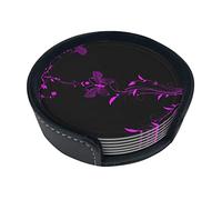 Coasters Set Of 6 Purple And Black Butterfly Print Leather Coasters For Drinks,Home Décor And Housewarming Gift