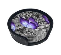 Coasters Set Of 6 Purple Butterfly Print Leather Coasters For Drinks,Home Décor And Housewarming Gift