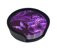 Coasters Set Of 6 Purple Butterfly Print Leather Coasters For Drinks,Home Décor And Housewarming Gift