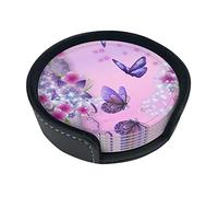 Coasters Set Of 6 Purple Butterfly Print Leather Coasters For Drinks,Home Décor And Housewarming Gift