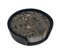 Coasters Set Of 6 Steampunk Mechanical Gears Print Leather Coasters For Drinks,Home Décor And Housewarming Gift