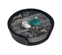 Coasters Set Of 6 Teal Gray Rose Print Leather Coasters For Drinks,Home Décor And Housewarming Gift