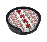Coasters Set Of 6 Ukrainian Embroidery Style Rose Print Leather Coasters For Drinks,Home Décor And Housewarming Gift