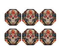 Coasters Set of 6 Waterproof Non-Slip Leather Drink Coasters Round Mug Mat Colorful Sugar Skull Coasters for Drinks Tabletop Protection Cup Pad for Coffee Table Bar Home Decor
