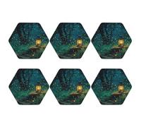Coasters Set of 6 Waterproof Non-Slip Leather Drink Coasters Round Mug Mat Fireflies and Lantern Coasters for Drinks Tabletop Protection Cup Pad for Coffee Table Bar Home Decor