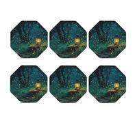 Coasters Set of 6 Waterproof Non-Slip Leather Drink Coasters Round Mug Mat Fireflies and Lantern Coasters for Drinks Tabletop Protection Cup Pad for Coffee Table Bar Home Decor