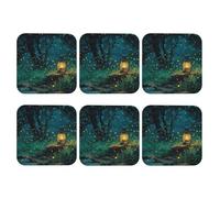 Coasters Set of 6 Waterproof Non-Slip Leather Drink Coasters Round Mug Mat Fireflies and Lantern Coasters for Drinks Tabletop Protection Cup Pad for Coffee Table Bar Home Decor