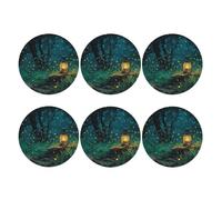 Coasters Set of 6 Waterproof Non-Slip Leather Drink Coasters Round Mug Mat Fireflies and Lantern Coasters for Drinks Tabletop Protection Cup Pad for Coffee Table Bar Home Decor