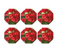 Coasters Set of 6 Waterproof Non-Slip Leather Drink Coasters Round Mug Mat Red geraniums Coasters for Drinks Tabletop Protection Cup Pad for Coffee Table Bar Home Decor