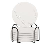 Coasters Set of 6, White Marble Coasters Ceramic Absorbent Round, with Cork Base and Holder for Women Men, Various Cups, Tables or Home Decor, 4in