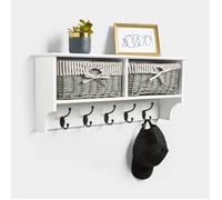 Vonhaus Coat Hooks Wall Mounted - White Coat Rack Shelf W/ 2 Grey Wicker Storage Baskets & 5 Strong Double Coat Hooks For Hallway