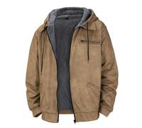 Coat Pepper Salt Warm Lined Wool Check Shirt Jacket for Men, Winter Heavyweight Thick Jacket, Classic Zip Jacket, Waterfall Coat Fur, khaki, 4XL