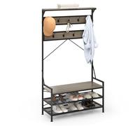 Coat Rack 184 cm Tall Hall Tree with 11 Hanging Hooks & Shoe Bench-Grey