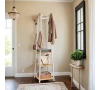 Coat Rack, Coat Stand with 3 Shelves, Hall Tree Free Standing with Hooks, White
