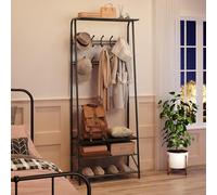 Coat Rack Stand, 3-in-1 Freestanding Hall Tree with Shoe Storage Bench & Double Row Hooks, 60cm Industrial Metal Frame Entryway Storage Shelf for Living Room Bedroom Hallway Entryway Apartment - black