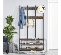 Coat Rack Stand - Free Standing Hall Tree - Coat Stand with Hooks - Bench and Shoe Rack - 100cm x 40cm x 184cm - Industrial Style - Rustic Brown and B
