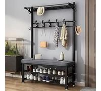 Coat Rack Stand Metal with Bench, Modern Industrial Hall Tree with Hooks and 2-Tier Shoe Stand, Free Standing Coat Tree, Entryway Storage Shelf, for Living Room Hallway