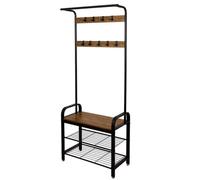 Coat Rack Stand Shoe Bench Industrial Style With 9 Removable Hooks Brown
