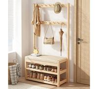 Coat Rack with Bench, Hall Trees, Entryway Coat and Shoe Rack, 2-Tier Storage Shelves & Hooks, Solid Wood Hanger Hooks, Bedroom and Hallway Storage
