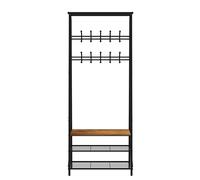 Coat Rack with Shoe Bench, 4-in-1 Freestanding Hall Tree with 10 Hooks & Metal Frame, Entryway Storage Organizer with Adjustable Feet, Rustic Brown for Hallway Living Room Bedroom, Height 181cm