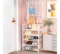 Coat Stand Rack, Hallway Hall Tree with 8 Hooks Freestanding Garment Rack with Shoe Storage 4/5-Tier Shelves Industrial Clothes Rail for Entryway Living Room Bedroom Entrance(White,5-Tier)