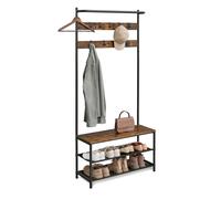 (84x32.2x180cm, Rustic Brown, Black) Coat Rack with Shoe Storage, Hall Tree, Coat Stand with Shoe Bench, 9 Movable Hooks, Top Bar