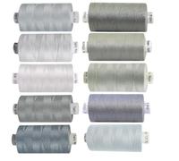 Coats Moon Assorted Sewing Thread Box of 10 reels all purpose threads for Sewing Overlocker quilting stitching threads set 1000 yards each spool 120’s (Light Greys) + 2 (1 White + 1 Black) Spools Free