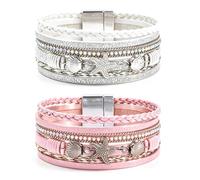 COAUXOG 2Pcs Boho Bracelets Woven Leather Multi-Layer Wrap Bracelet Heart Shape Inlaid Rhinestone Stackable Fashion Women Bracelet Jewelry, One Size, Leather, no gemstone