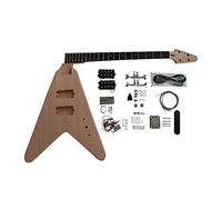 Coban Guitars V-Style Electric Bass Guitar DIY Kit - Solid Mahogany Body, Bolt-On Neck, Premium Ebony Fingerboard, Square Inlays, 43mm Bone Nut, Semi-Cut Headstock, Easy Assembly Beginner Project