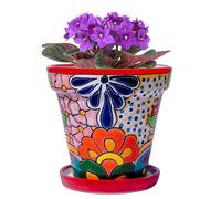 COBAZUL Mexican Pottery Planters - Talavera Planter - Mexican Yard Pottery - Ceramic Pots for Plants Indoor & Outdoor with Drainage Hole and Saucer - 6” W x 5.5” H (Red-Medium)